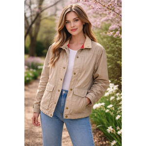 Vintage LL Bean Canvas Chore Coat Corduroy Collar Beige Women's Medium Gorpcore